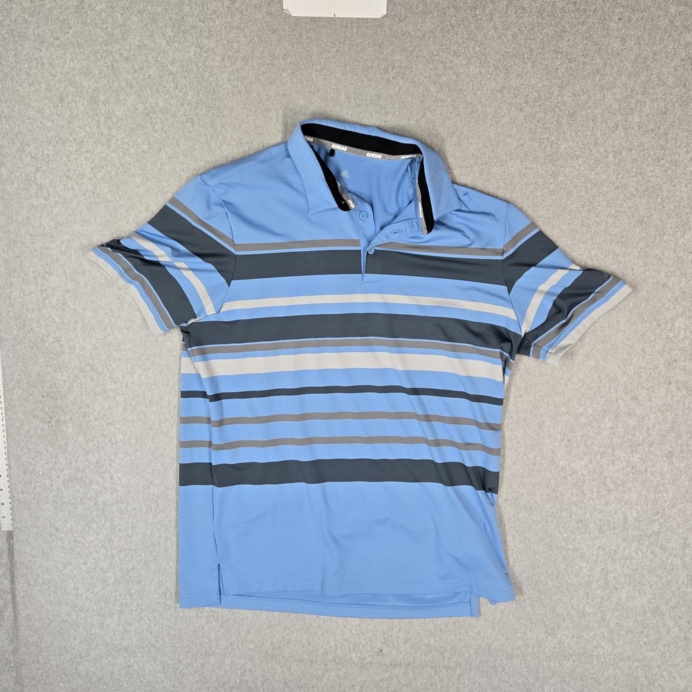 Adidas Men Polo L Blue Striped Activewear Logo Short Sleeve Collar Pullover